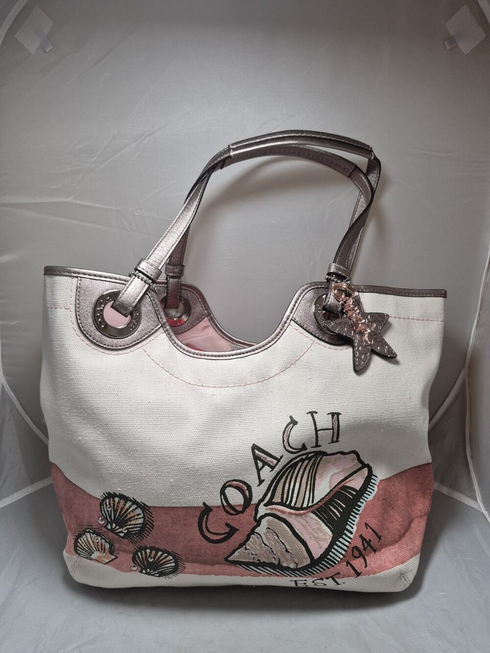 💥 Nwt Coach F19273 Bag Beach Seashell Shoulder Natural Canvas Tote